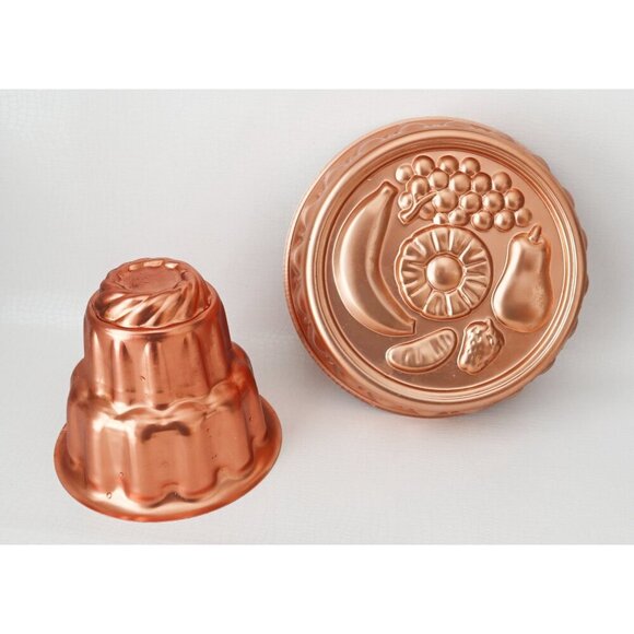 Set Of 4 Vintage Copper-Tone Jelly Molds With Fruit & Geometric Designs Assorted - Picture 2 of 6